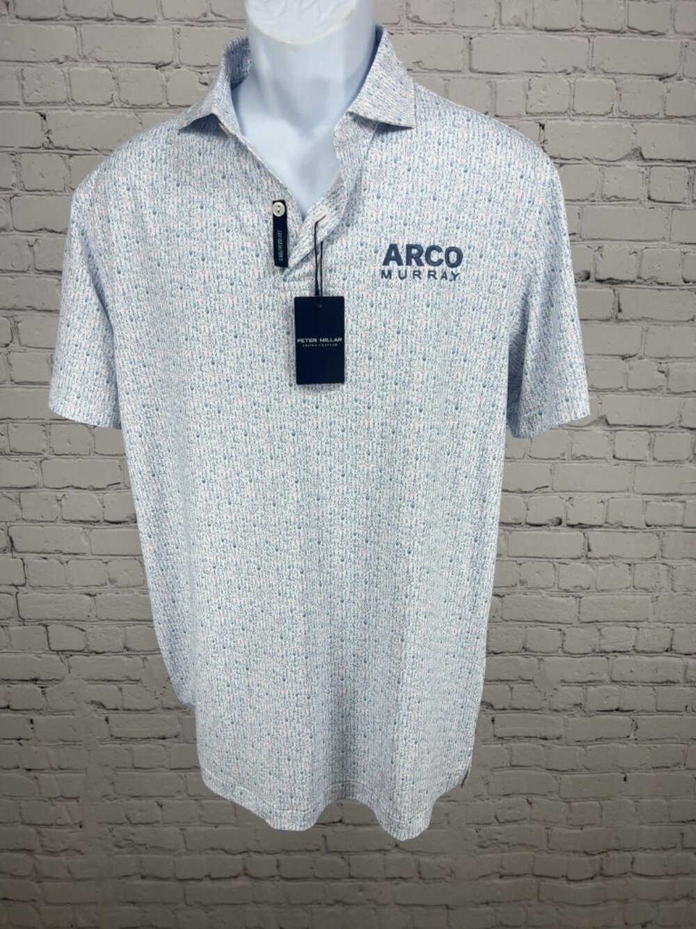 NWT Peter Millar Crown Crafted White Blue Novelty Print Tailored Fit Golf Polo M